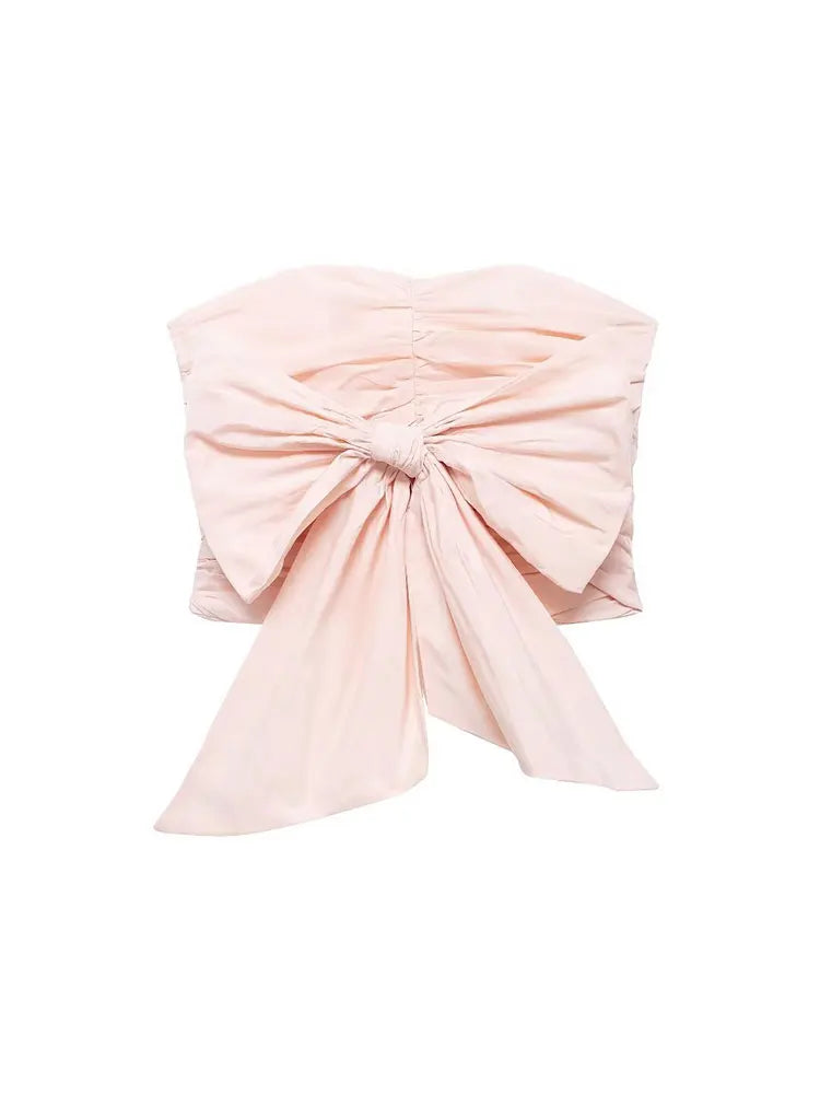MQTIME - Women's Causal Tube Tops Elegant Solid Color Sleeveless Bow-embellished Taffeta Sleeveless Y2K Pink Tops For 2024 Summer