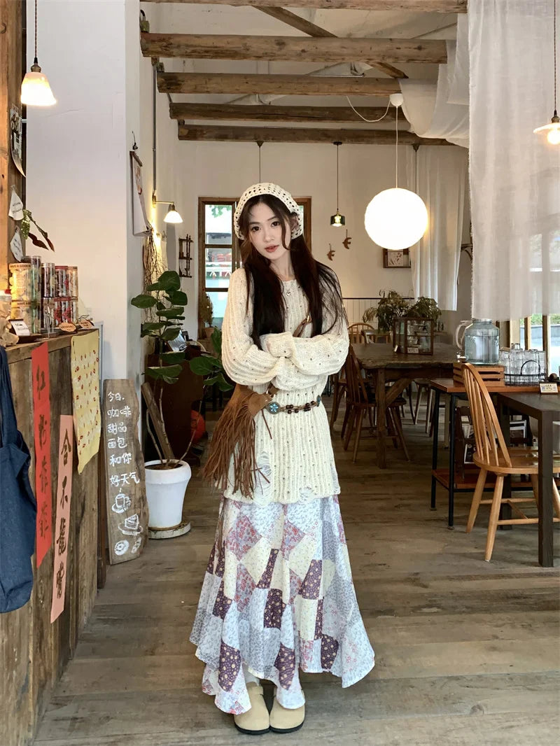 MQTIME - Chiffon Flower Plaid Skirt Midi Long Skirts Elastic Waist Women #e-girl fairycore 2000s aesthetic korean cloth boho holiday cute