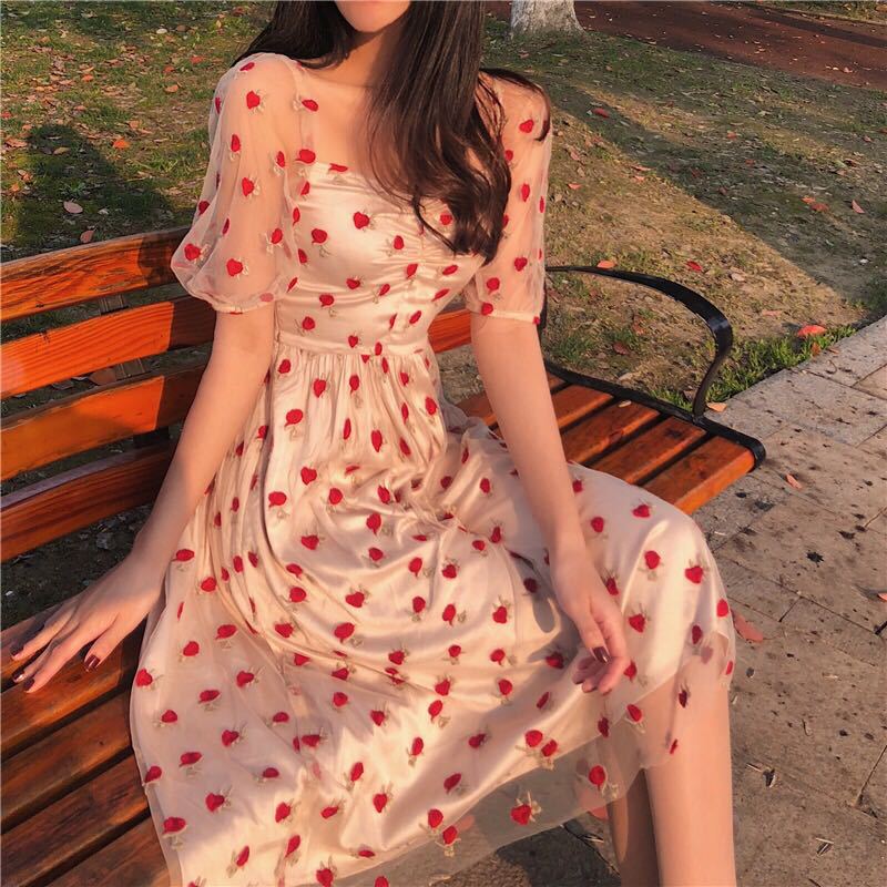 nvxiot Summer Strawberry Dress Embroidery Sexy Square Collar Midi Dresses Casual Short Sleeve Beach Party Dress Femme Vestidos Robe