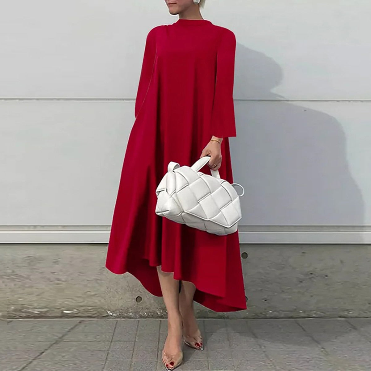 nvxiot Fashion Female Dress Simple Long Sleeves High-Low Lace-up Solid Color Elegant Casual Maxi Dresses for Women New
