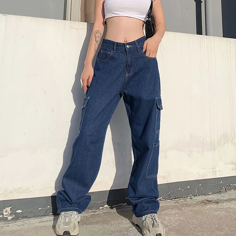 nvxiot Jeans women new casual loose straight pants high waist fashion pocket casual pants women's street fashion denim trousers