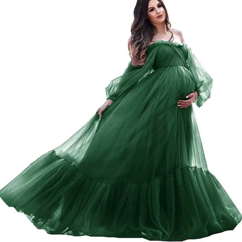 nvxiot - Puffy Sleeve Maternity Dress Tulle Robe With Underskirt for Photoshoot Off Shoulder Pregnancy Baby Shower Gown