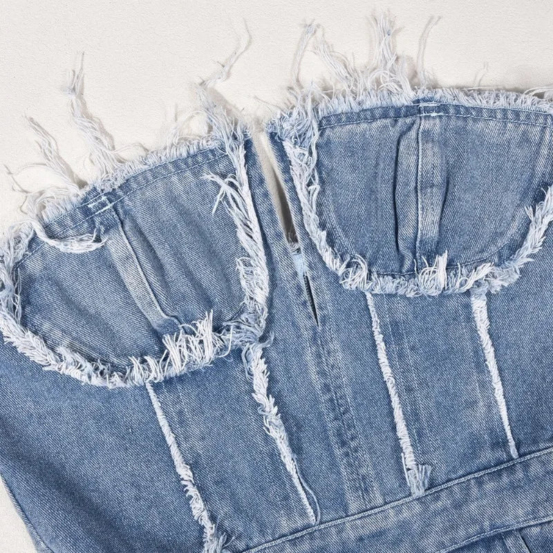nvxiot - Women Fashion Hole Tassel Denim Playsuits Rompers V-neck Strapless Zipper Backless Pockets Casual Streetwear Jeans Overalls
