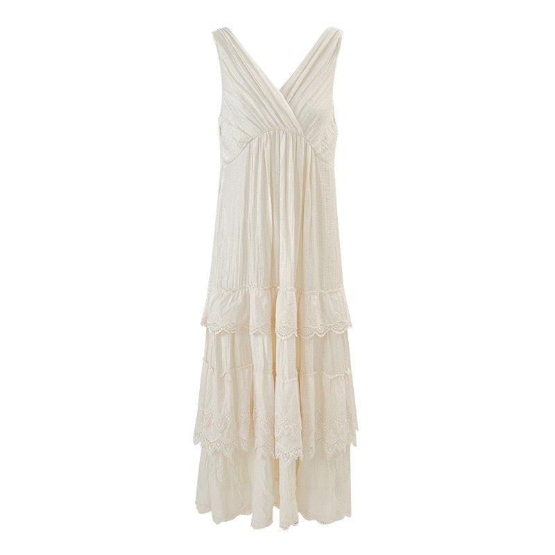 nvxiot Elegant Chic Tiered Maxi Dress V-neck Backless Rayon Beige Summer Lace Ruffles Holiday Women Casual Ladies Dresses New