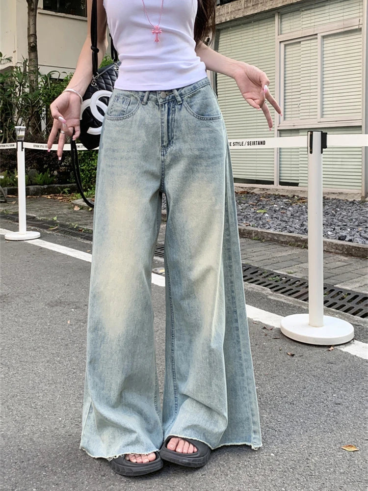 nvxiot - Women's A-line Wide Leg Blue Thin Jeans Young Girl Street Summer New Straight Baggy Bottoms Casual Trousers Female Loose Pants