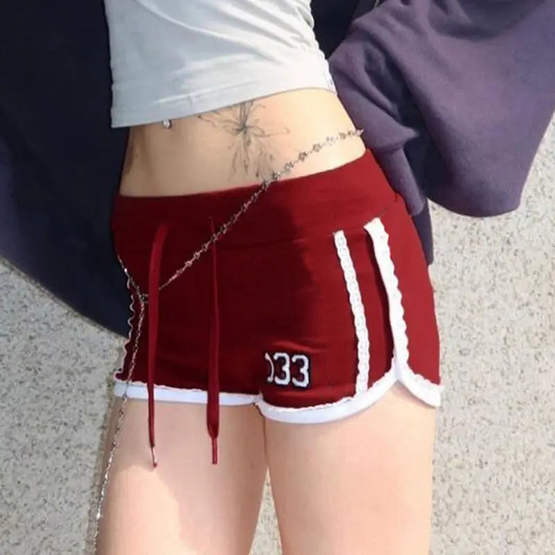 nvxiot - Sports Spicy Girl Lace Contrast Shorts Women Clothing Summer New Fashion Low Waist Tight Red Retro American Versatile Hot Pants