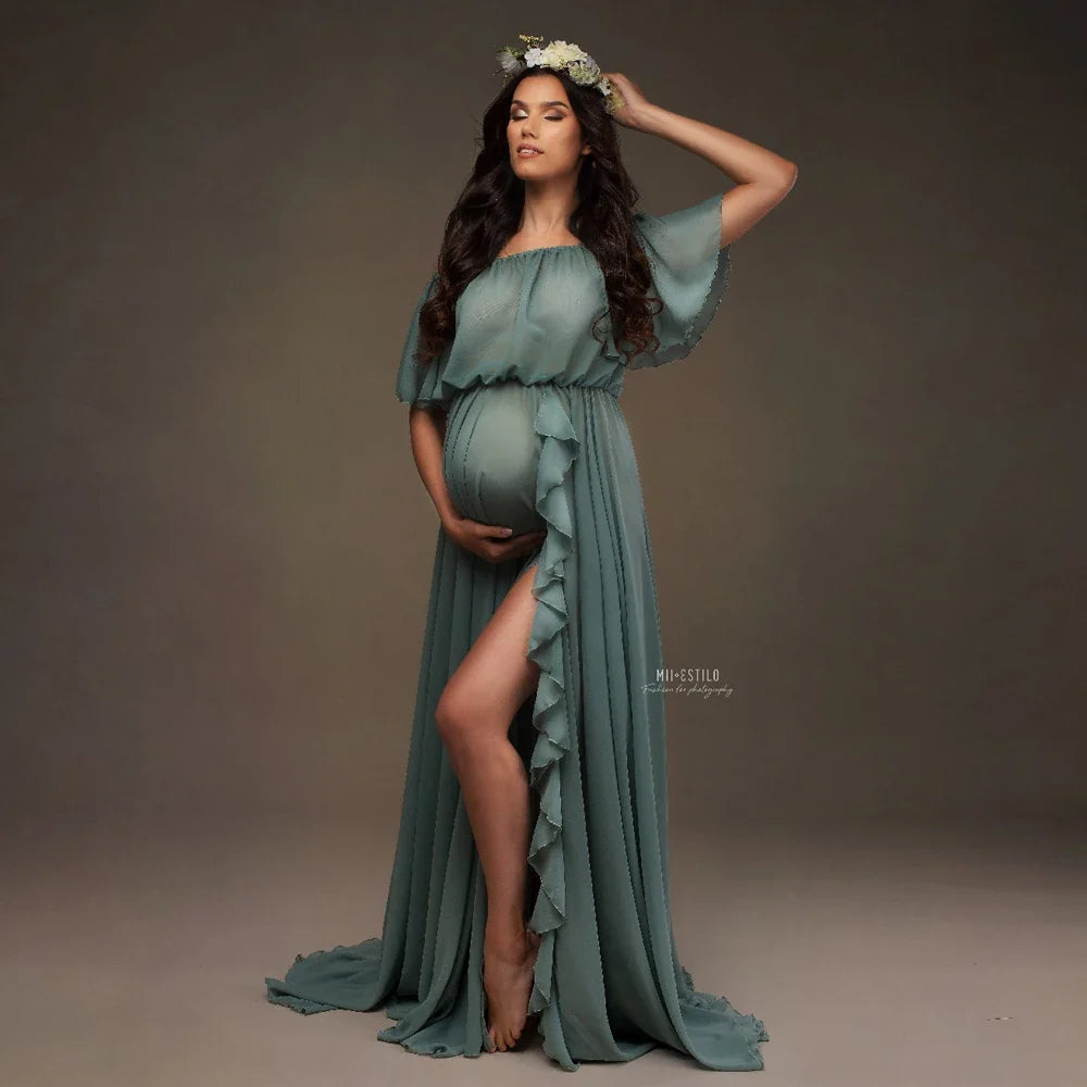 nvxiot - Maternity Photography Dress Shoulder Ruffle Sleeve Chiffon Dress Baby Shower Dress Bohemian Photo Shooting Pregnancy Dress
