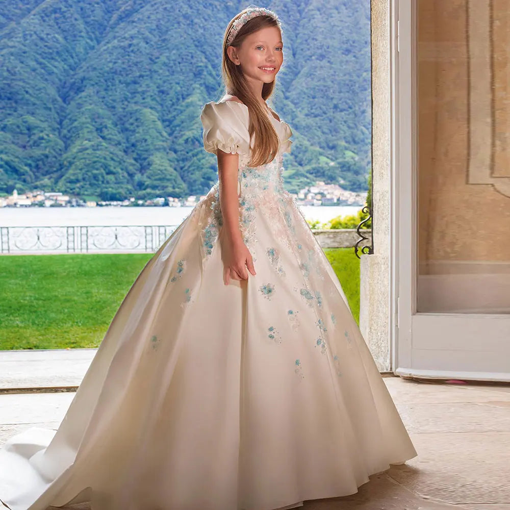 MQTIME - Luxury White Girl Dress 3D Flowers Satin Princess Dubai Kids Wedding Birthday Communion Party Elegant Gown 2024 J295