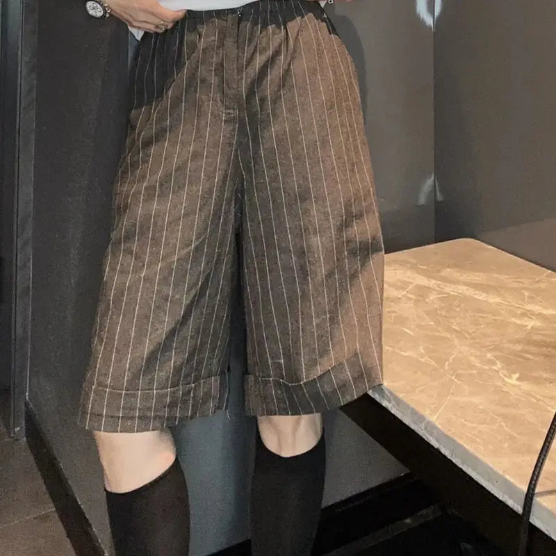 nvxiot - Summer New Versatile Casual Suit Shorts for Women Korean Fashion Stripe High Waist Slimming Split Knee Length Pants Women Trendy