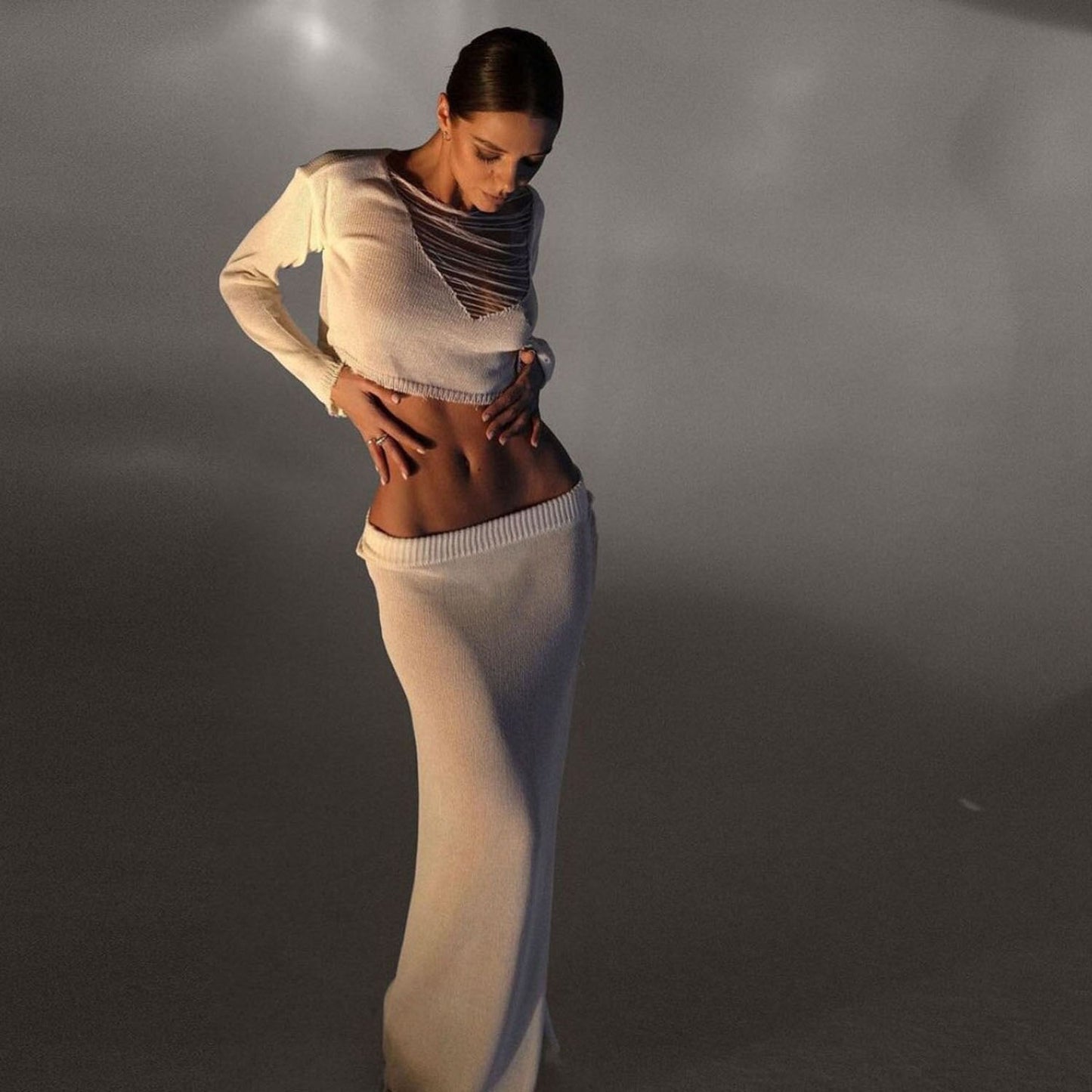 nvxiot Knitted Skirt Sets Women Long Sleeve Tops And Long Slit Skirts Elegant High Street 2 Piece Sweaters Sets Outftis Matching