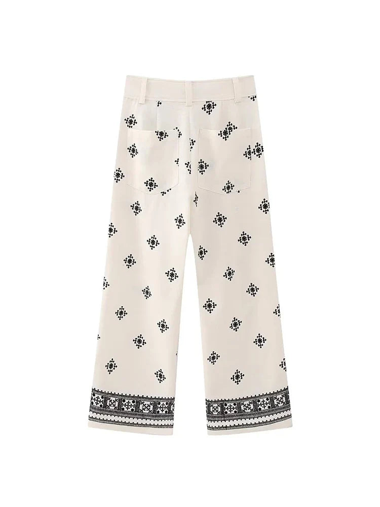 MQTIME - Vintage Women Loose Boho Linen Pants Summer Fashion Ladies Vocation Soft Embroidery Trousers Female Casual Bottoms Chic