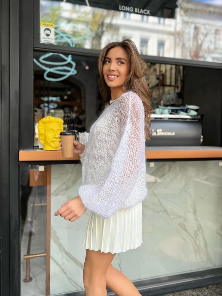MQTIME - Fashion Women Purple Cut Out See Through Loose Knitwear Fashion O Neck Lantern Long Sleeves Pullover Casual Lady Street Jumper