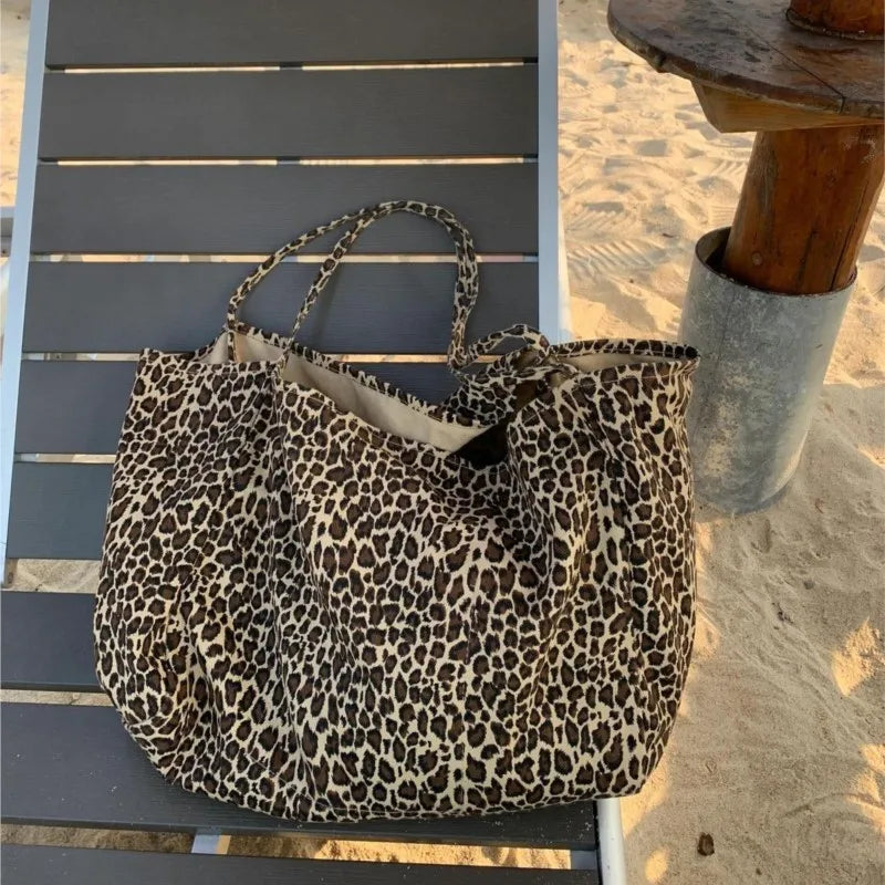 MQTIME - Vintage Leopard Print Tote Bag Handbag Women Retro Large Capacity Casual Shoulder Bags Female Harajuku Canvas Y2k Bags