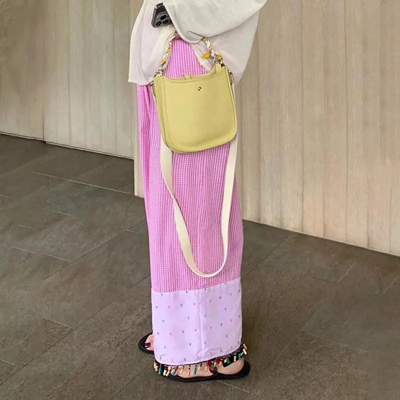 MQTIME - Summer New Fashion Contrast Color Plaid Splicing Heavy Industry Beaded Wide Leg Pants Women Trendy HIgh Waist Loose Casual Pants