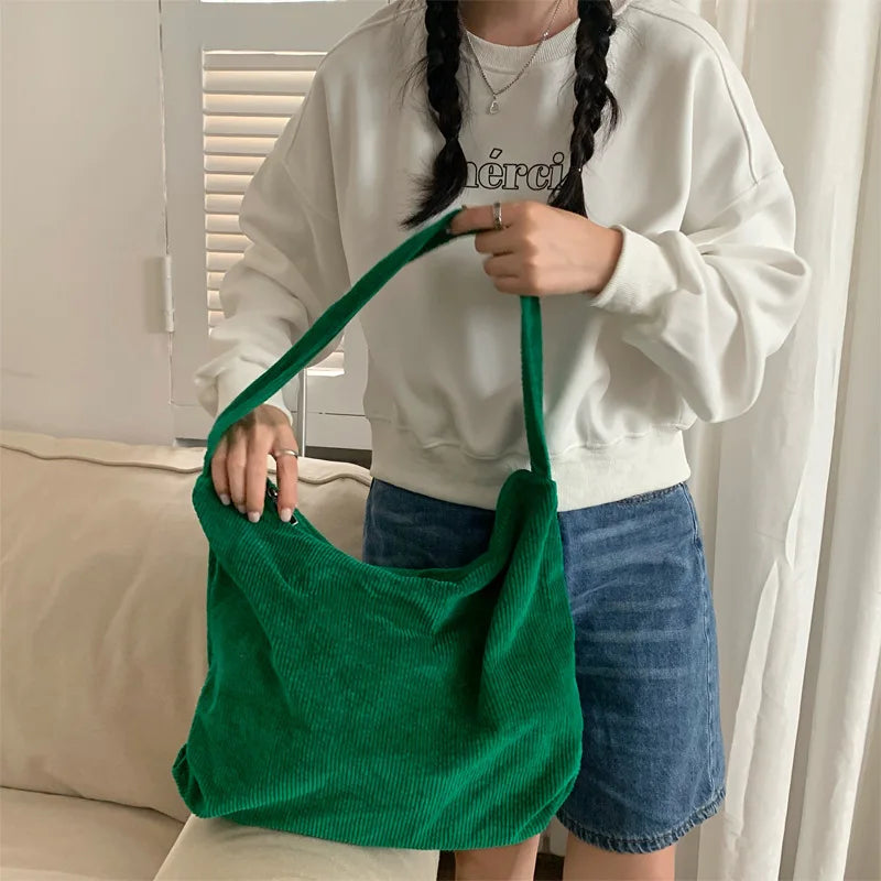 nvxiot Large Capacity Shoulder Bag Women Tote Corduroy Handbags for Female INS Fashion Big Bags Black/Beige/Red/Green/Khaki Solid Color