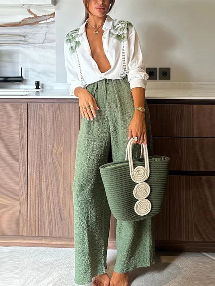 MQTIME - Casual Green Print Shirts Set Women Loose Single Breasted Blouses Pleated Drawstring Wide Leg Pants 2024 Summer Lady Outfit