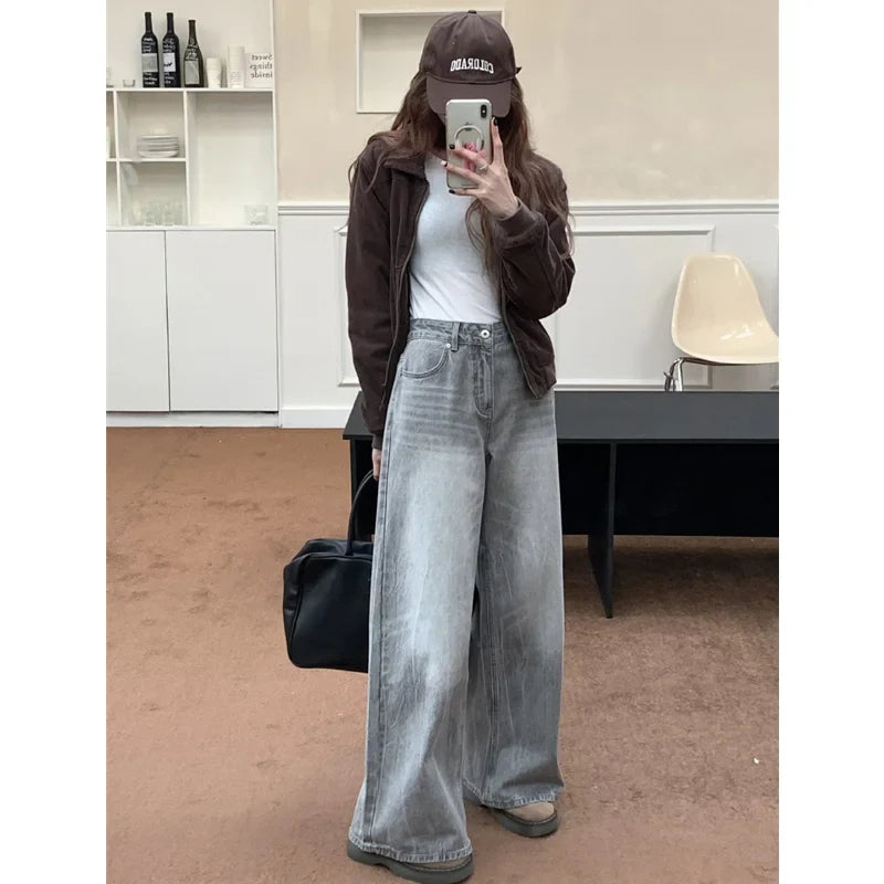 nvxiot - Summer Grey Womens Jeans High Waist Baggy Casual Vintage Y2K Trend Straight Cargo Pants Street American Wide Leg Denim Trouser