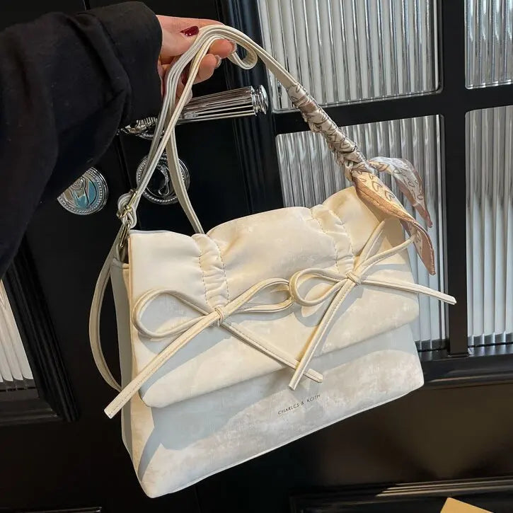 nvxiot - Pink Womens Shoulder Bag 2024 Fashion Pleated Elegant Casual Bow Tote Bag Scarves Large Capacity Exquisite Female Handbag