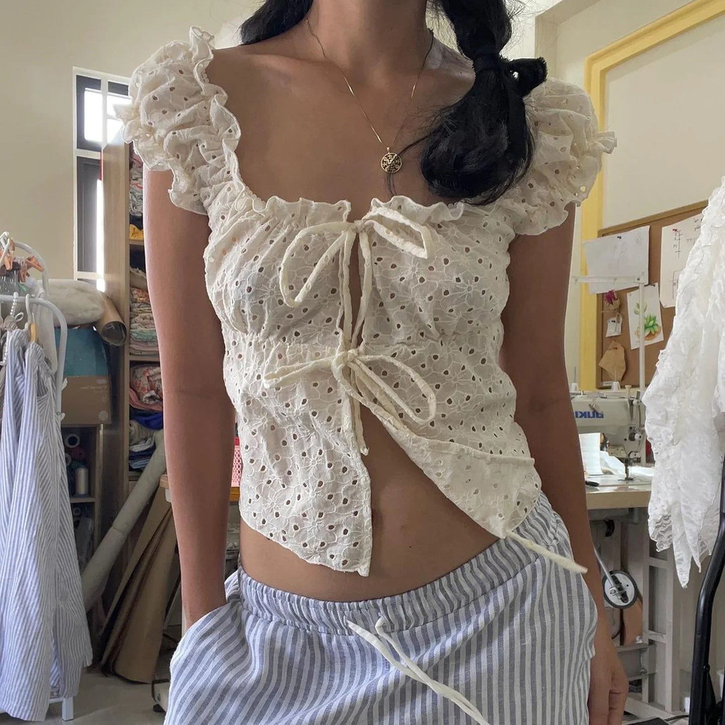 nvxiot - Sweet Cute Hollow Out T Shirt French Style Slim Square Collar Short Sleeve Tees Women 2024 Summer Fashion Streetwear