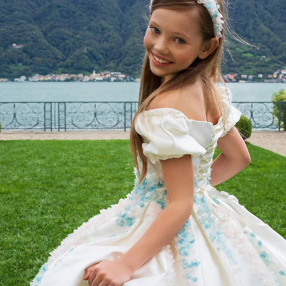 MQTIME - Luxury White Girl Dress 3D Flowers Satin Princess Dubai Kids Wedding Birthday Communion Party Elegant Gown 2024 J295