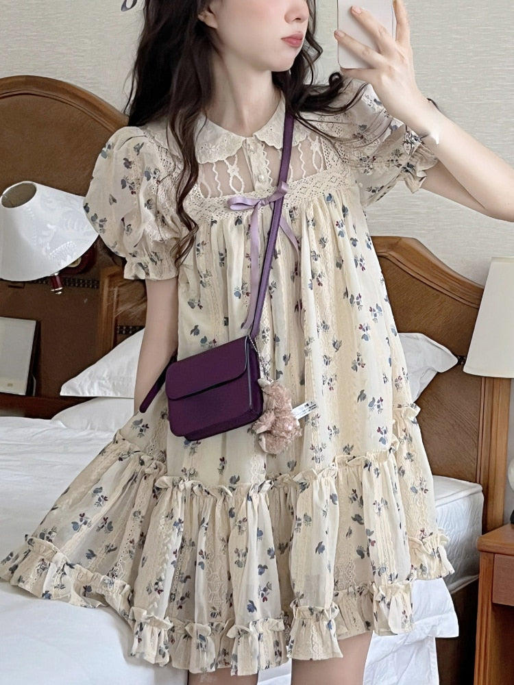 nvxiot Floral Print French Elegant Dress Women Chiffon Japanese Sweet Party Mini Dress Female Korean Kawaii Puff Sleeve Dress New