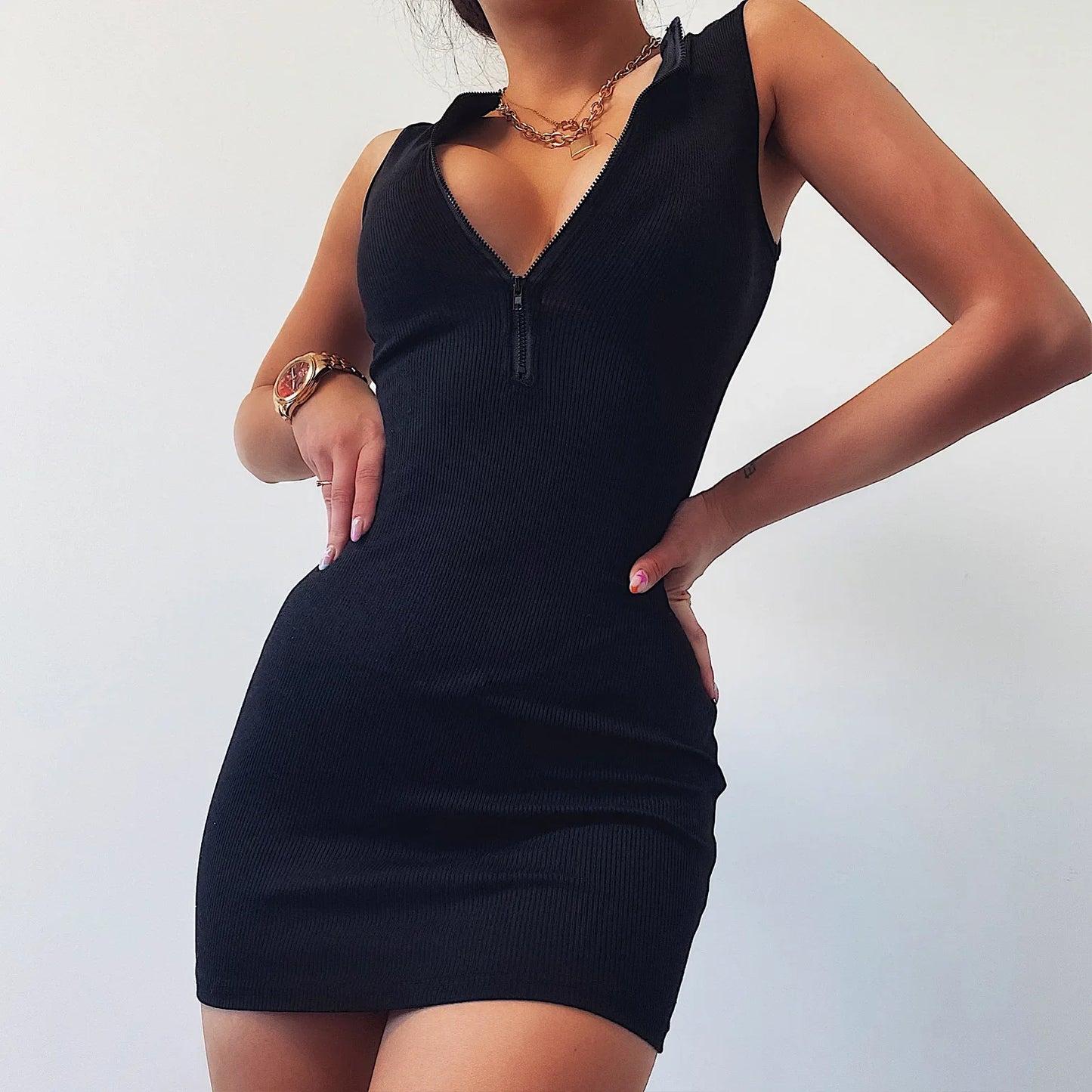 nvxiot - Women Sleeveless Tank Dress Summer Fashion Solid Color Zipper Front Short Bodycon Dress Stylish Ladies Slim Ribbed Pencil Dress