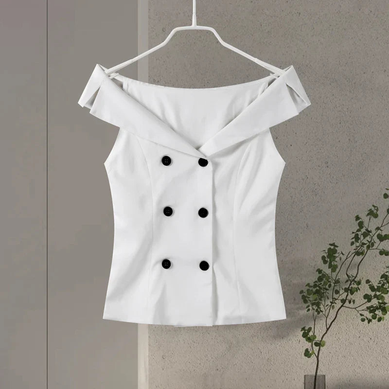 MQTIME - Elegant Off Shoulder Vest Women Chic Sleeveless Double Breasted Y2k Slim Female Waistcoat 2024 Summer Fashion Lady Streetwear