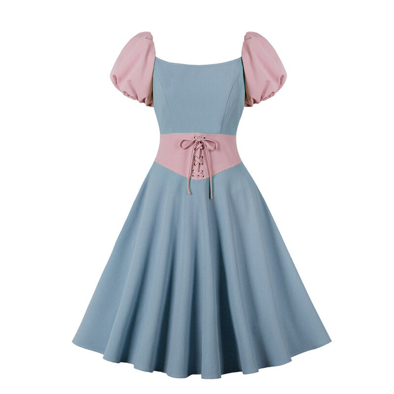 nvxiot New Harajuku Vintage Pink Blue Patchwork Puff Sleeve A-Line Dress Fashion Women Lace-Up Waist Party Night Elegant Dresses