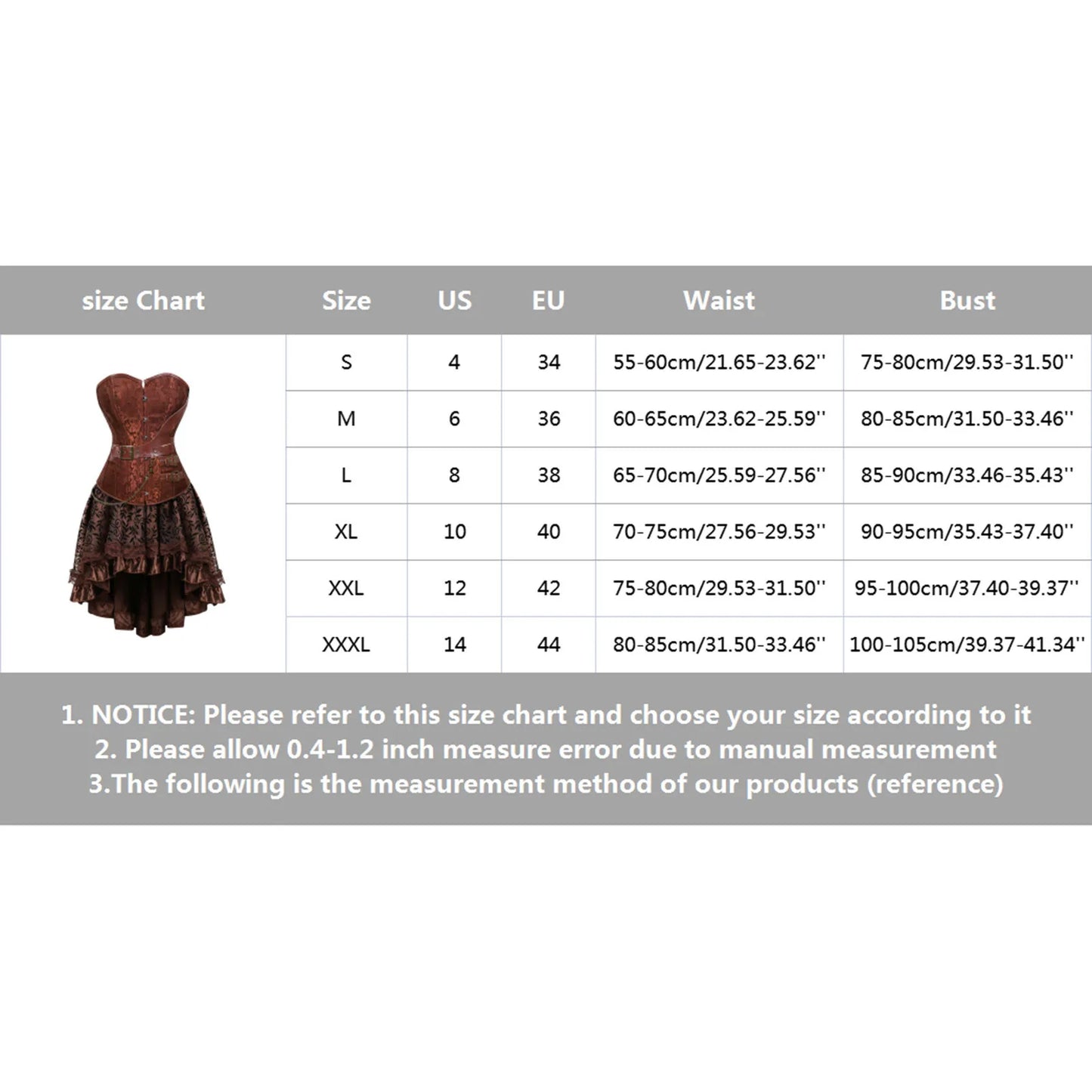 MQTIME - Women`s European Steampunk Pirate Costume Women Corset Dress Skirt Lace Up Plus Size Brown Zipper Faux Leather Corset Dress