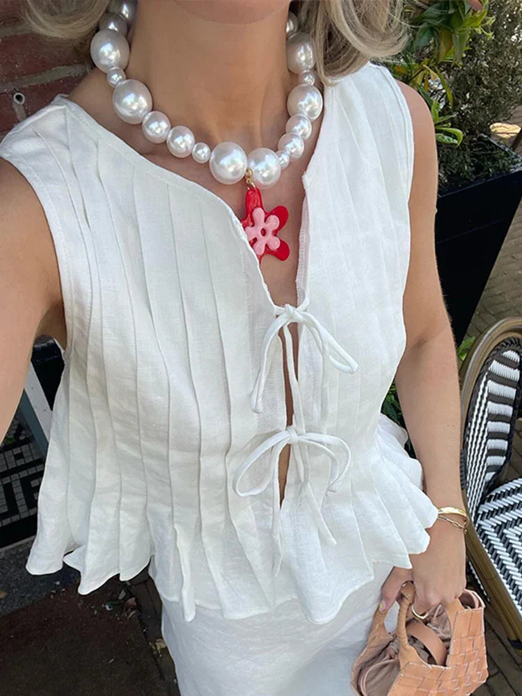 MQTIME - Pleated White Lace Up Tank Top Long Skirt Suit Women Elegant O-neck Sleeveless Tops Skirts 2 Pieces 2024 Summer Lady Streetwear