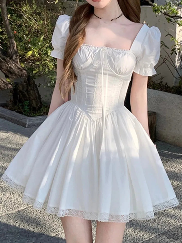 MQTIME - Y2K Princess Lace Patchwork Kawaii Dress Women Square Collar Off Shoulder Lace Up A-line Puff Sleeve French Style Party Dresses