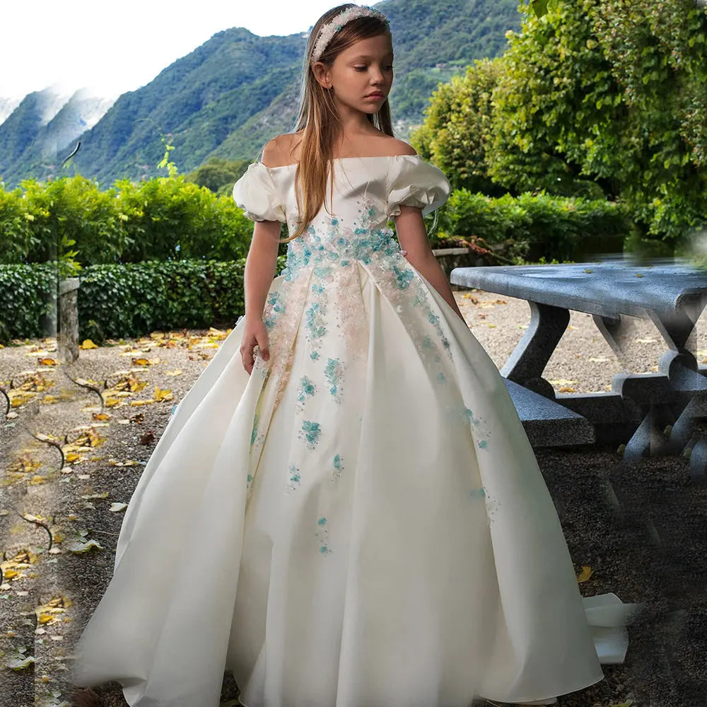 MQTIME - Luxury White Girl Dress 3D Flowers Satin Princess Dubai Kids Wedding Birthday Communion Party Elegant Gown 2024 J295