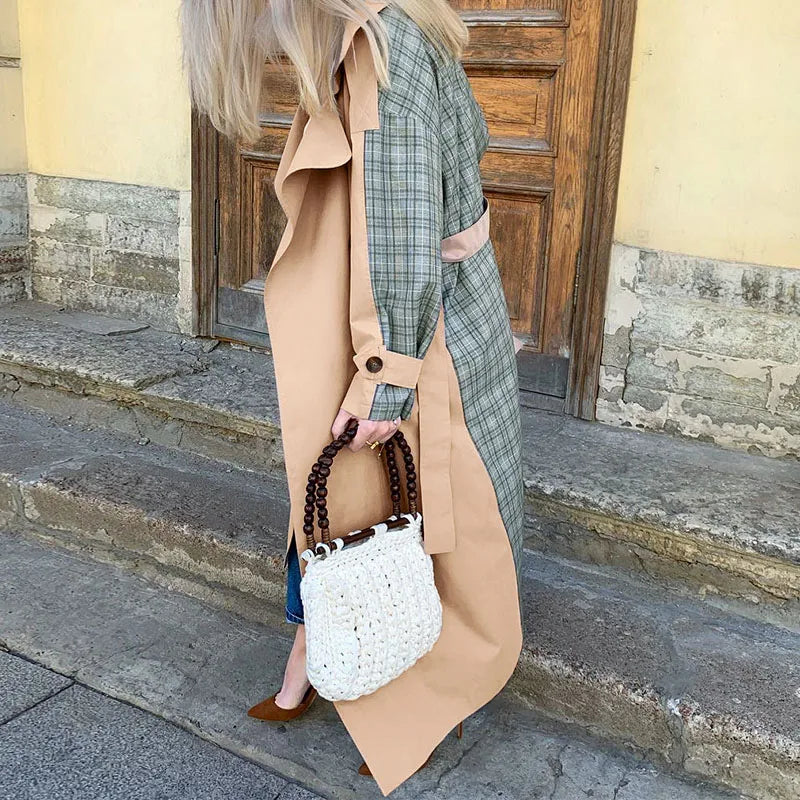 MQTIME - Fashion Causal Light Tan Autumn Winter Trench Windbreaker Split Joint Elegant Long Sleeve Coat Plaid Long Women Coat with Belt