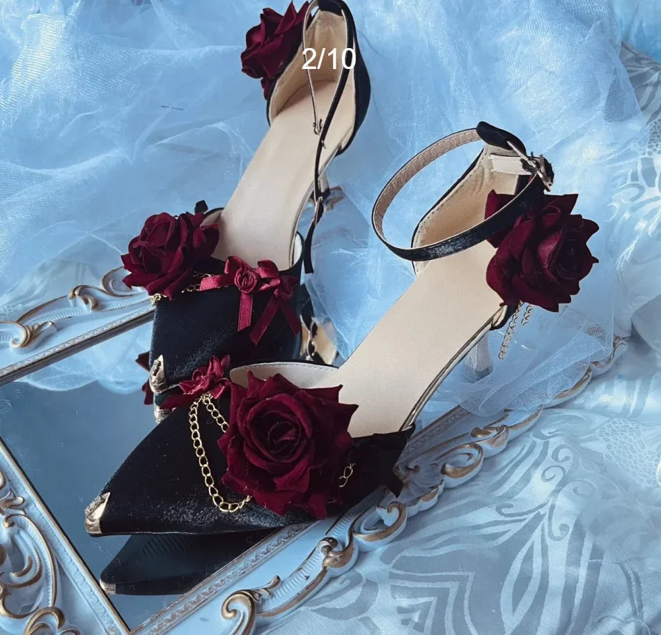 MQTIME - Black Red Gothic Lolita Shoe Wedding Lolita High Heels For Ladies Rose pointed toe dress shoes for womenluxury shoes sss grade