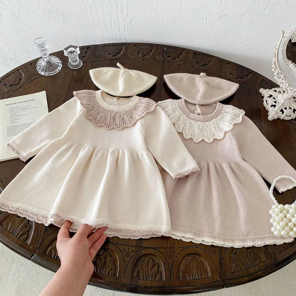 MQTIME - New 2024 Autumn Girl's Knitted Dress Children's Sweet Lotus Leaf Collar Sweater A-line Princess Dress Kid's Clothing