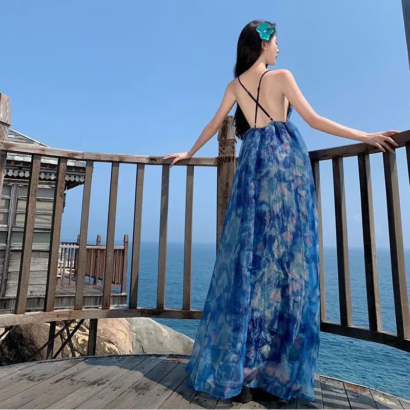 MQTIME - Floral Halter Dress Female Summer Dress Beach Holiday Beach Dress Fairy Dress Vibe Dress Casual Style Beach Dress