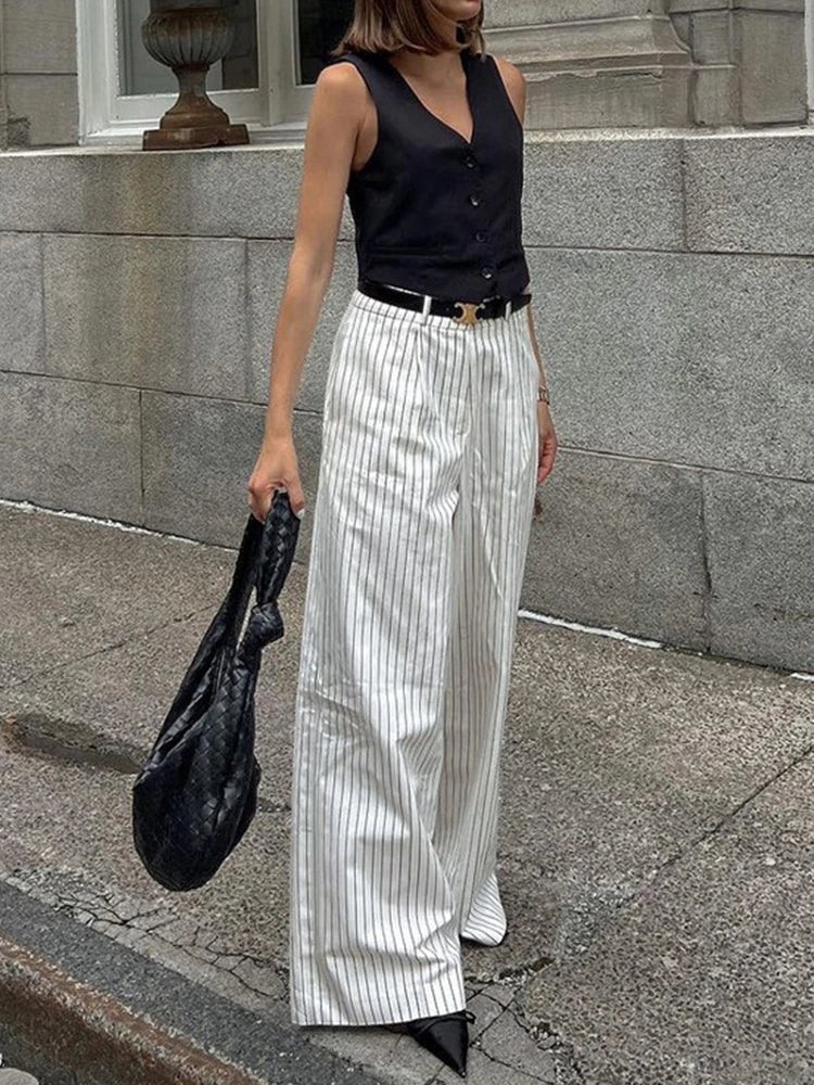 MQTIME - Spring Summer 2024 Women Striped Office Trousers High Waist Loose Wide Leg Flare Pants For Women
