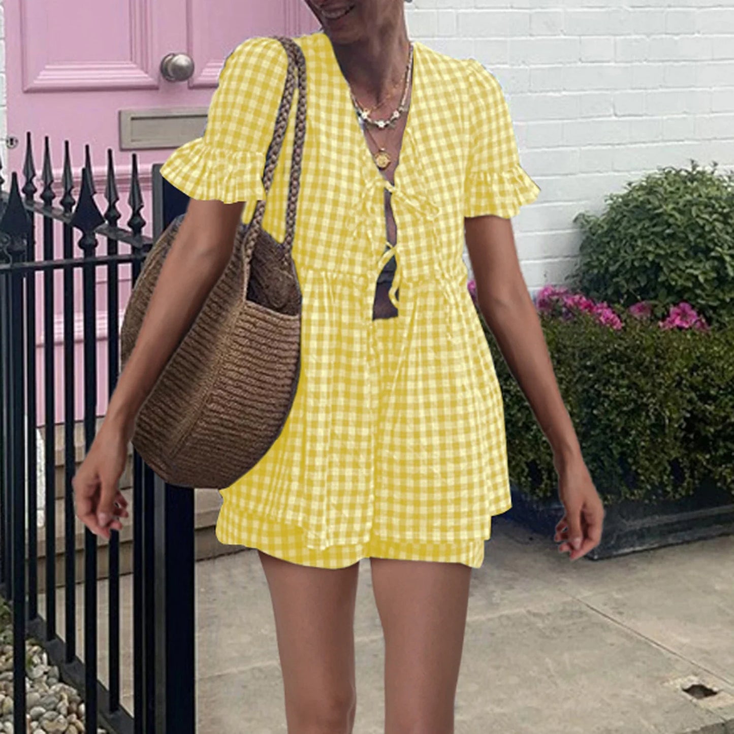 nvxiot - Women's Summer Plaid Outfits Ruffled Short Sleeve Tie-Up Front Peplum Tops with Elastic Waist Shorts Set Streetwear