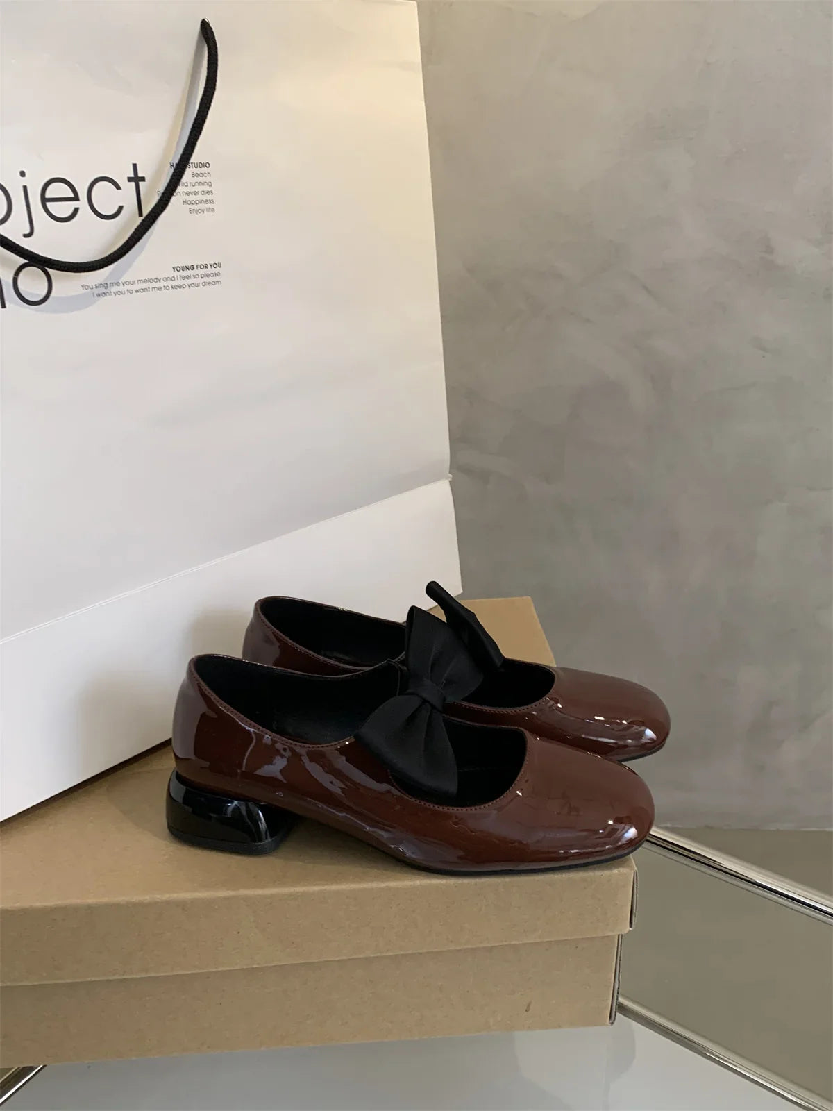MQTIME - Butterfly Knot Med Heels Loafers British Style School Shoes Preppy Style Young Lady Daily Wear French Square Toe Chunky Heel Sho
