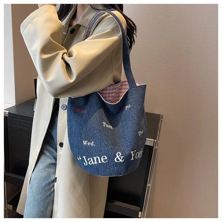 MQTIME - Vintage Denim Bucket Bag Women New Letter Print Chic Large Capacity Shoulder Tote Bag Ladies Harajuku Casual Handbag Y2k