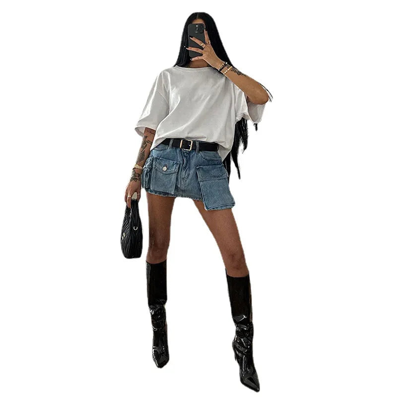 nvxiot - Vintage Tie Dye Print Cargo Mini Denim Skirts Women Fashion Multi Pocket Mid Waist Button Fly Casual Jeans Bottom Y2K Streetwear