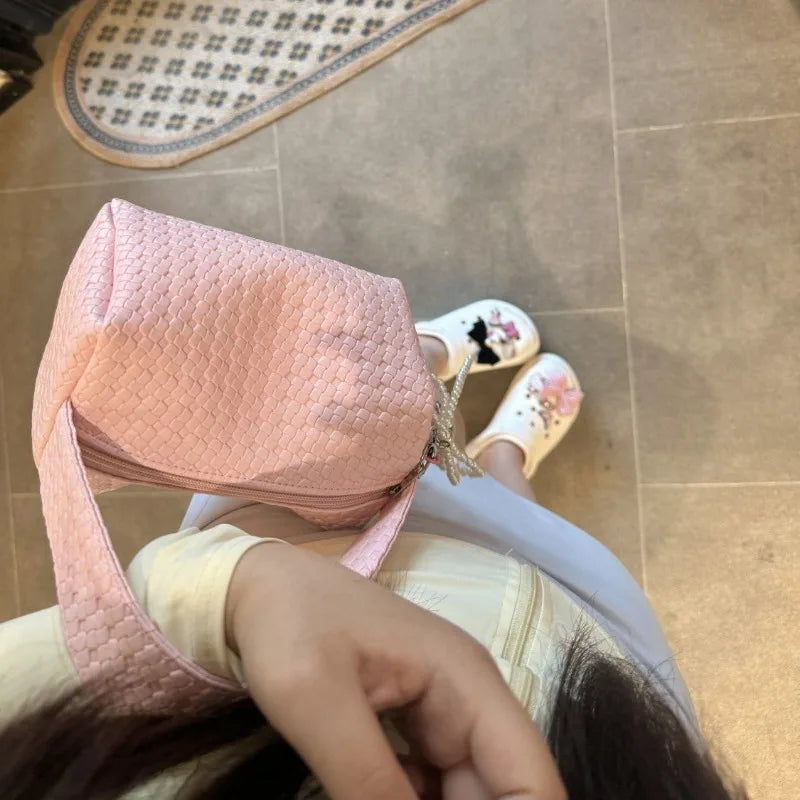 nvxiot - Pink Sweet Handbags for Women Weave Pattern Pu Leather Cosmetic Bag Portable Fashion Small Cute Elegant Ladies New in Bag