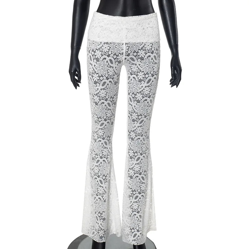 nvxiot - Sheer Hollow Lace Fold Over Flare Pants Solid Color Sexy See Through Skinny Trousers High Waist Casual Pants For Female