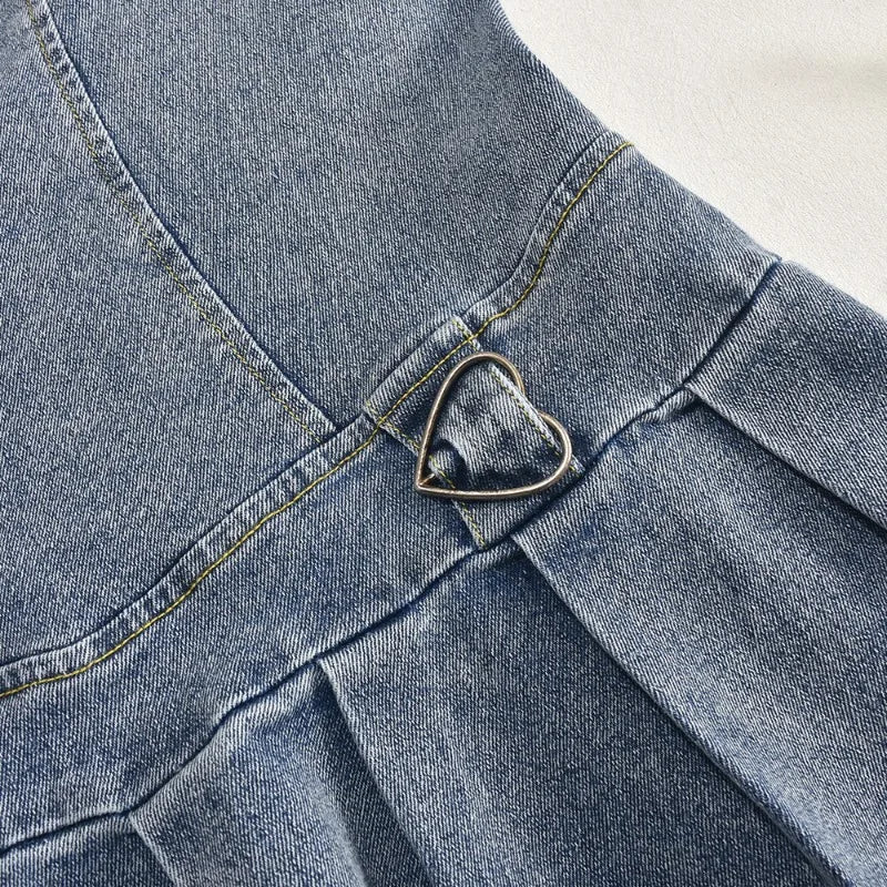 nvxiot - Women Fashion Sexy Denim Mini Pleated Dress V-neck Strapless Elastic Zip-up Backless Fit Flare Jeans Casual Summer Dresses