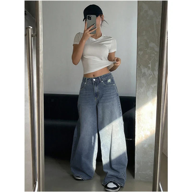 MQTIME - Blue Womens Jeans High Waist Vintage Straight Summer Plus Size Y2K Denim Pants Streetwear American Baggy Wide Leg Denim Trouser