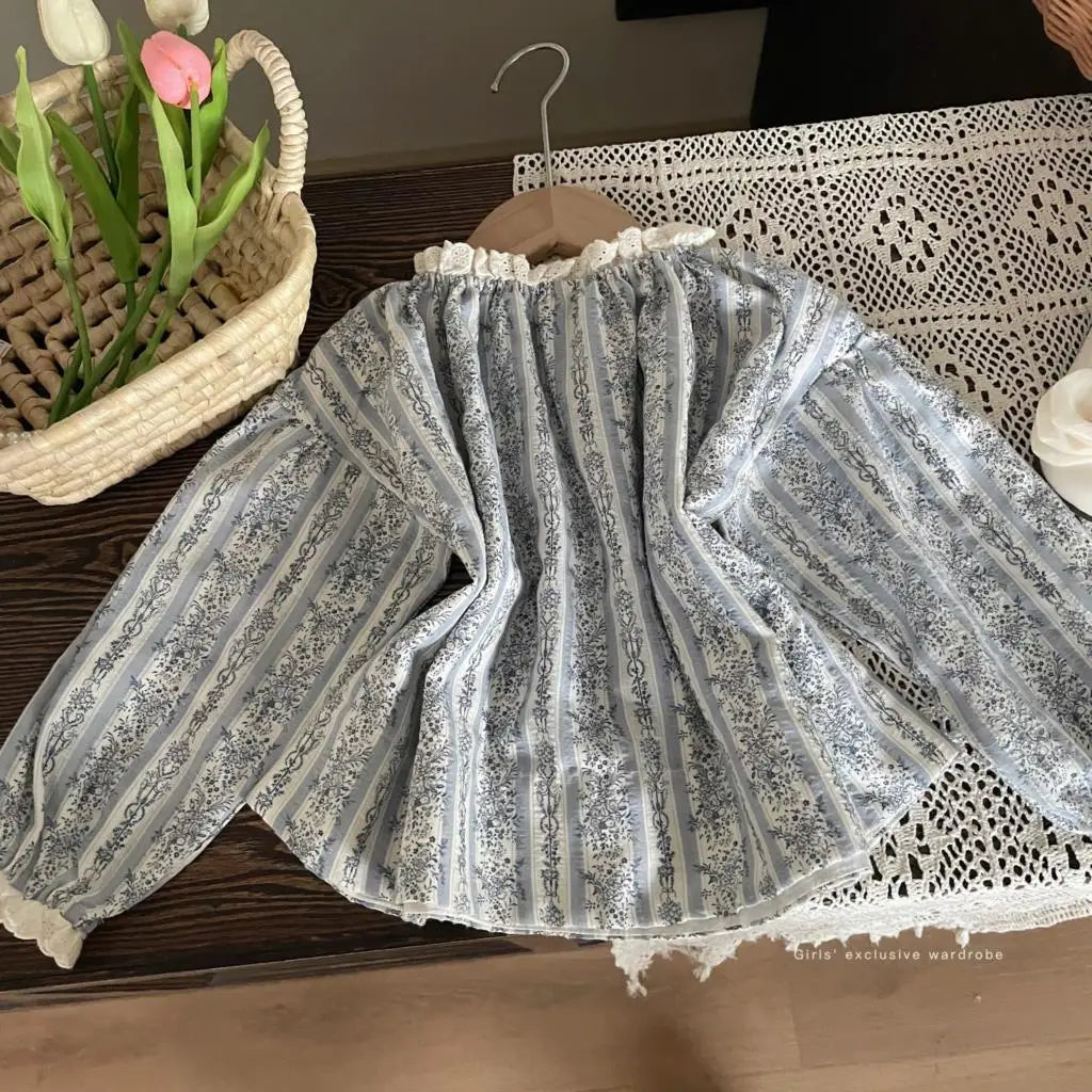 MQTIME - 2024 Spring Children Girl 2PCS Clothes Set Lace Collar Floral Printed Shirt Solid Vintage Hem Denim Flared Pant Baby Girl Outfit