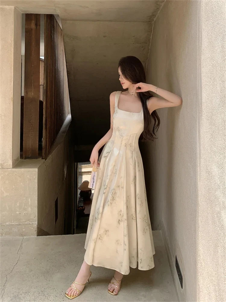 nvxiot - New Elegant Satin Sling Dress for Women Summer 2024 Sleeveless Spaghetti Strap Square Neck Slim Vintage Female Print Dresses