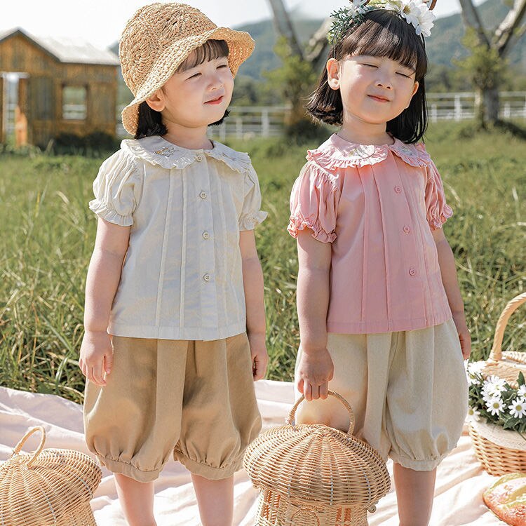 Summer Baby Girls Princess Dress Children Clothes Cotton Short Sleeve Blouse Top+Pants Suits Kids Party pastoral Floral skirt