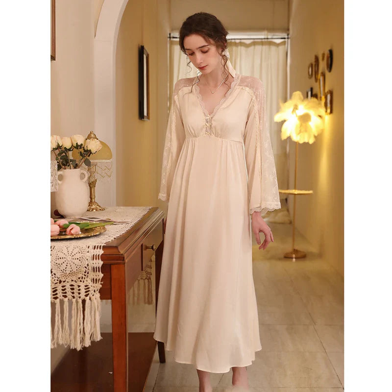 nvxiot - V-neck Long Sleeved Maternity Dresses Ice Silk Sweet Long Knee Sexy Pregnant Women's Sleeping Dress Soft Cozy Gravida Clothing