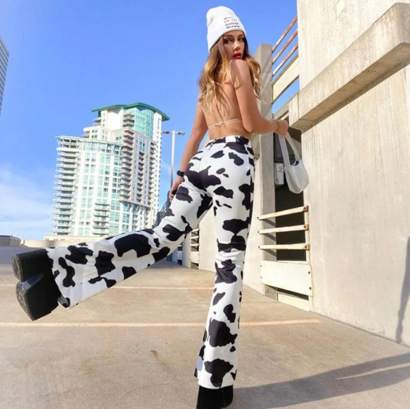 MQTIME - y2k Woman Pants Sexy High Waisted Pants Straight Trousers Cow Pattern Leg Street Style Single Breasted Printed Womens Trousers